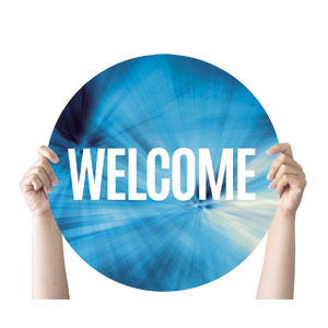 Chevron Welcome Blue Circle Handheld Signs